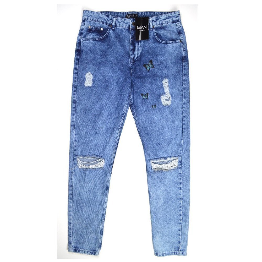BoohooMan Skinny Butterfly Print Ripped Jeans